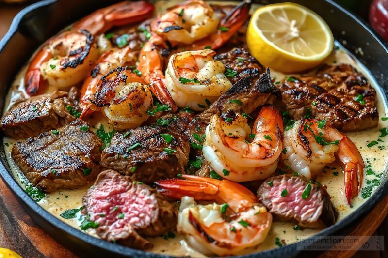 Grilled Shrimp and Steak Skillet With Creamy Sauce