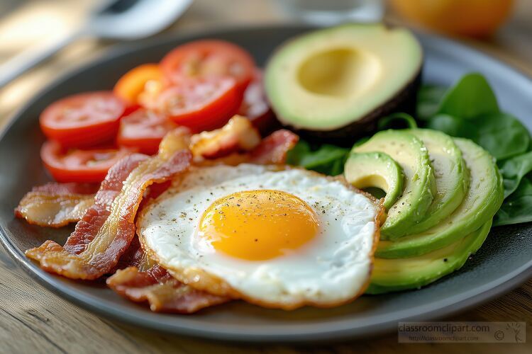 hearty breakfast of fried eggs avocado bacon and fresh vegetable