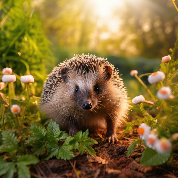 hedgehog walking in flowers