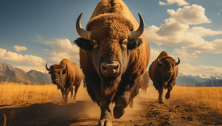 herd of bison running across a field