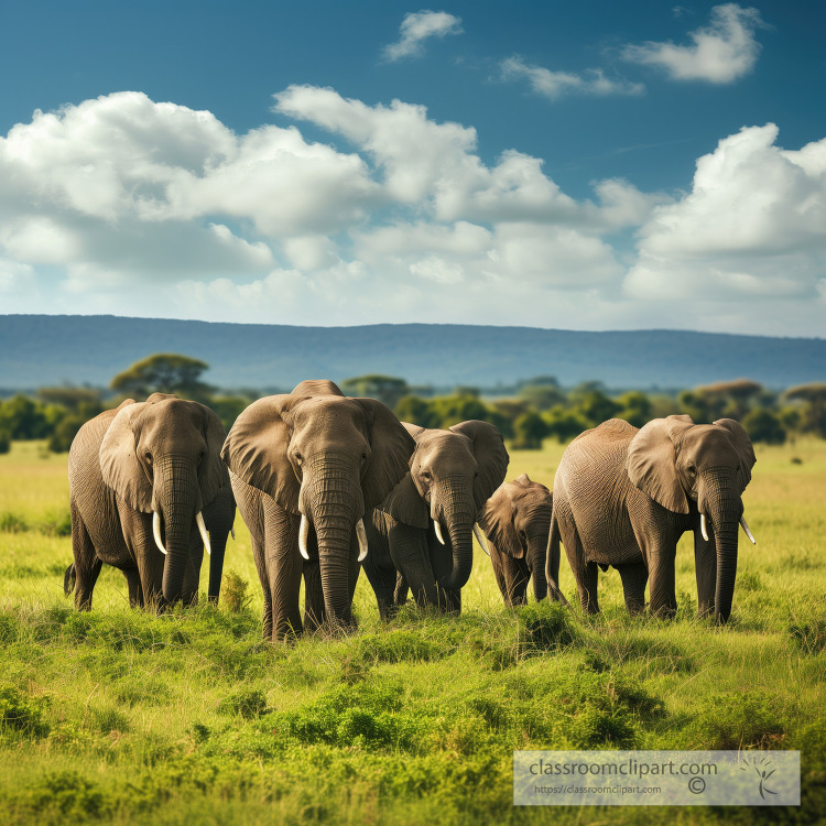 Herd of elephants roaming the African savanna under a blue cloud