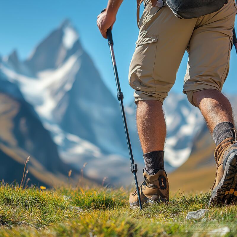 Hiker in Mountains With Sticks Under Blue Sky