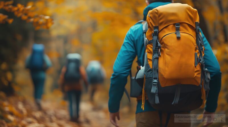 Hikers Explore Autumn Forest Paths With Vibrant Backpacks