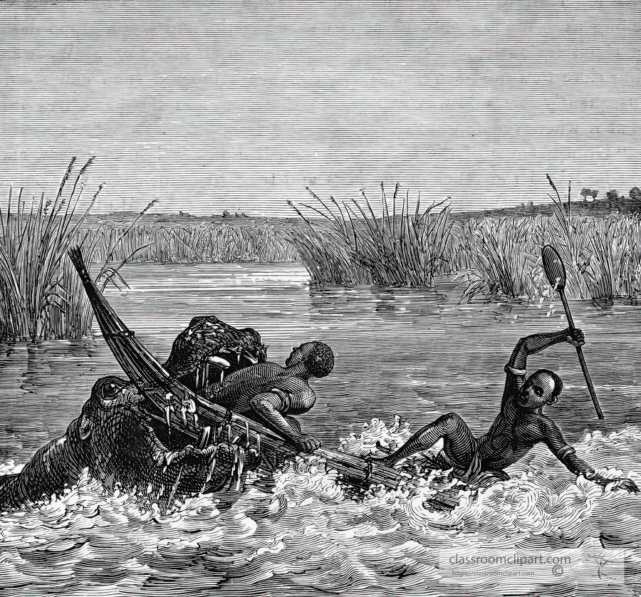 hippopotamus attacking a raft in africa historical illustration 
