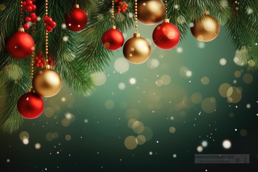 holiday background with pine needles and shiny christmas decorations