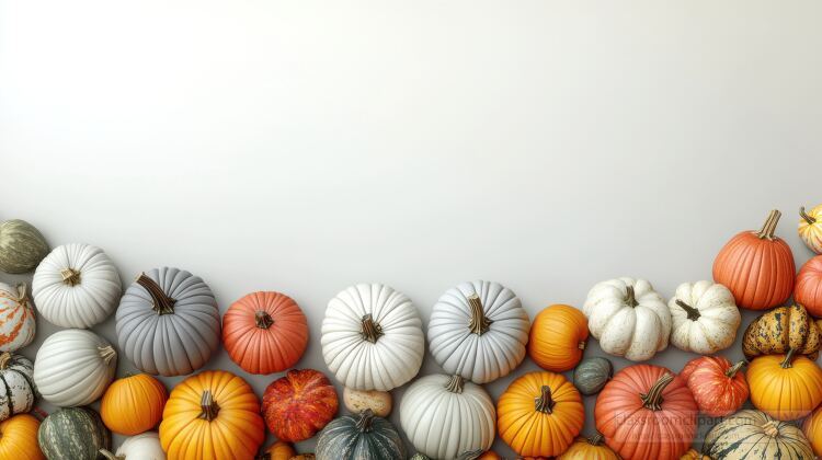 horizontal row of colorful pumpkin on white background