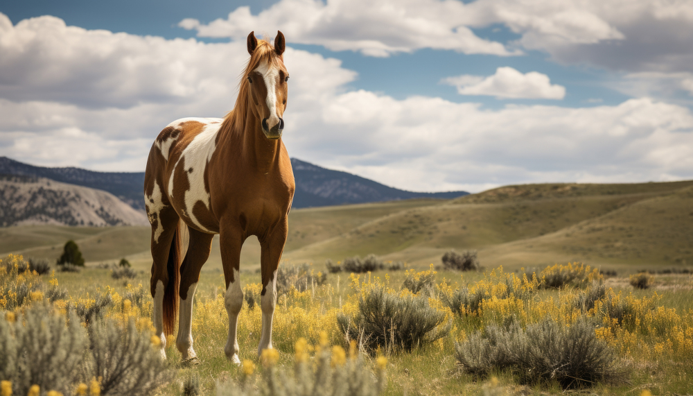 horse stands in a field with yellow wildflowers mountains in the