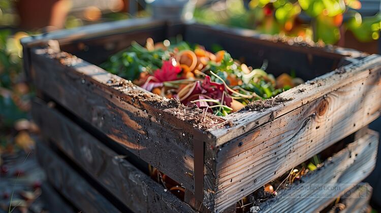 household composting bin filled with food scraps for natural fer