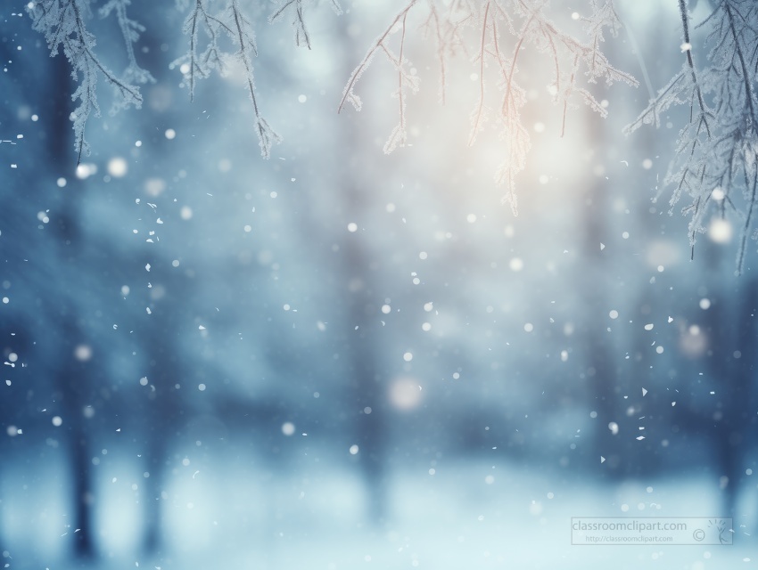 icy branches foreground a bokeh effect of falling snow and fores