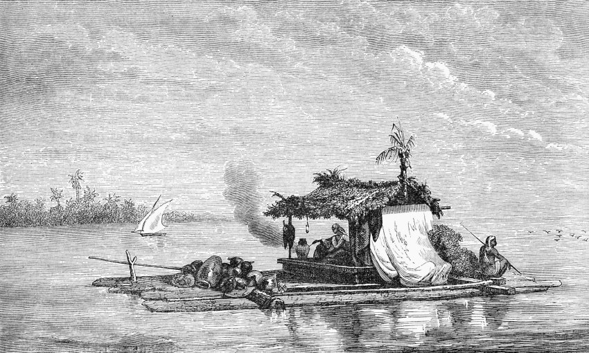 Illustration of a raft on a River Guayaquil Ecuador