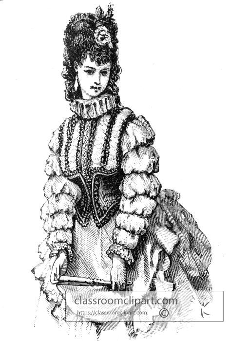 ilustration of a Victorian woman in an elaborate dress holding a