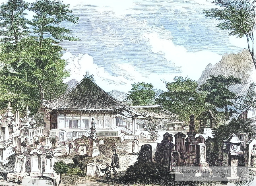 japanese temple and cemetery colorized historical illustration