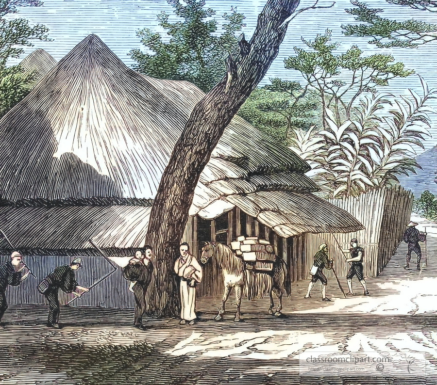 japanese village colorized historical illustration