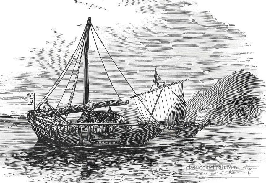 japense junk at anchor historical illustration