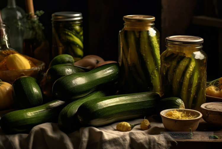 jar of pickles and cucumbers sitting on top of a wooden table