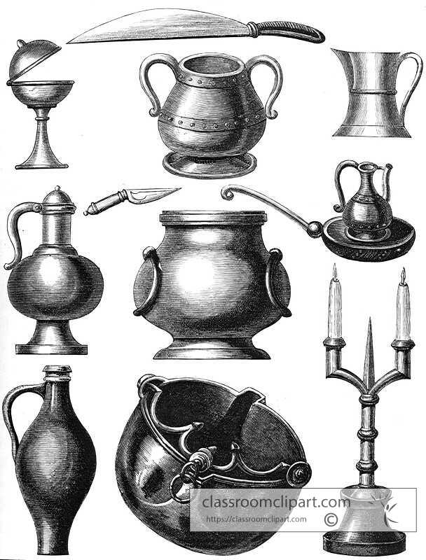 kitchen and tahle utenails used during the middle ages illustrat