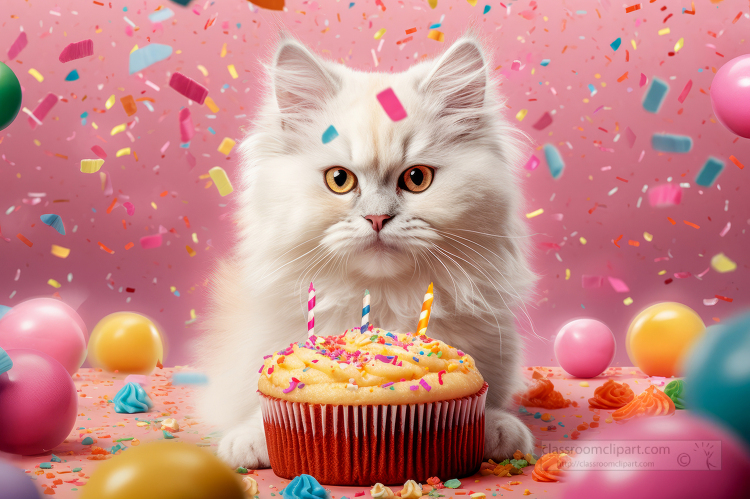 kitten sits in front of birthday cake with confetti in the backg