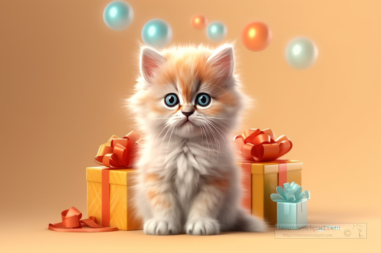 kitten sitting next to a gift box with balloons