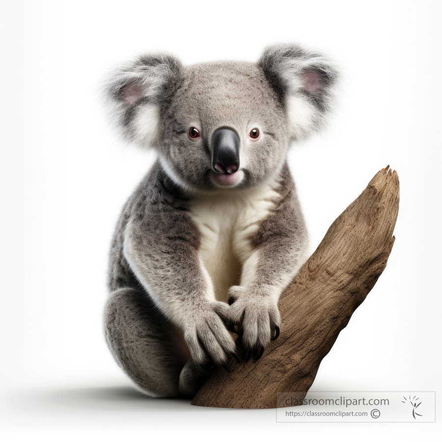 Koala bear sitting on log isolated on white background