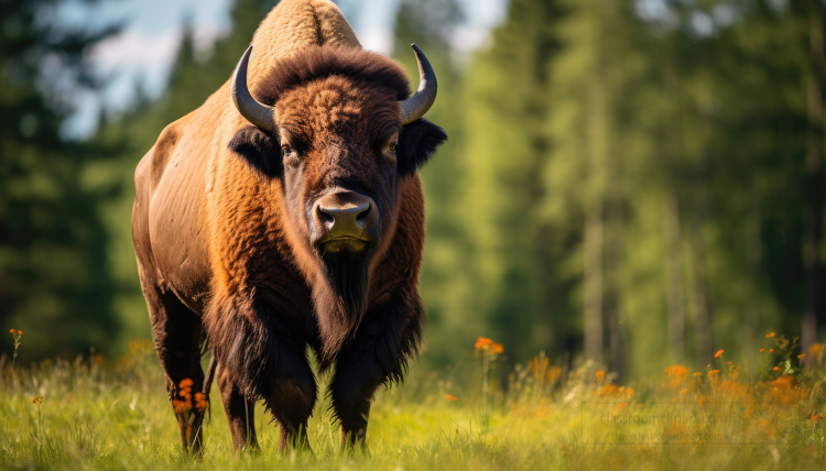 large bison standing in a field of wildflowers