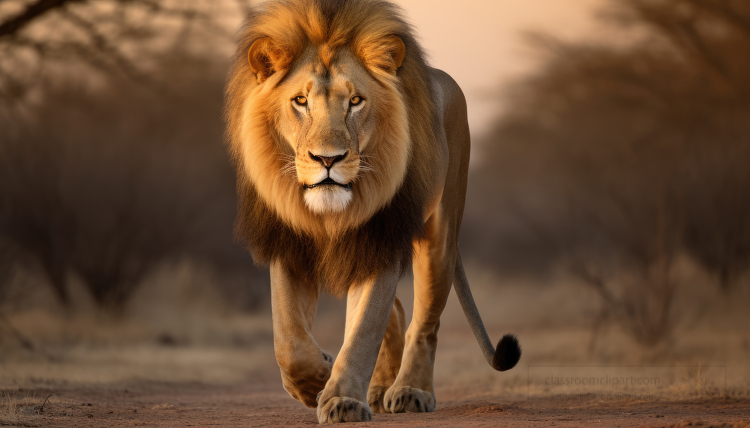 lion walks in the african savanna at sunset