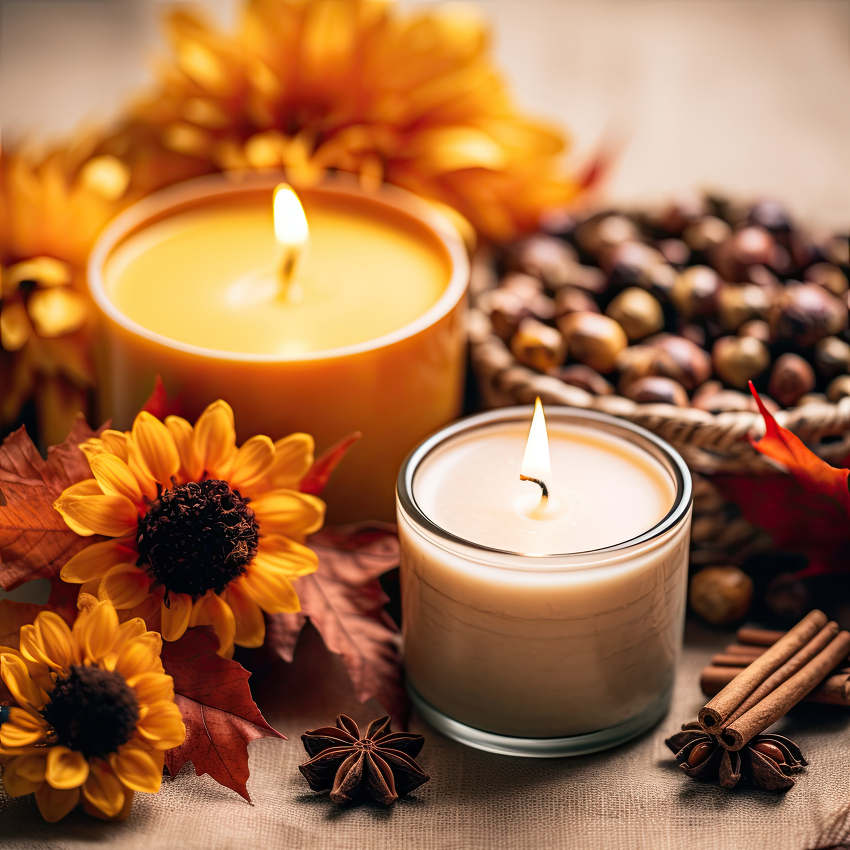 lit candles on a wooden table flanked by small pumpkins and autumn leaves