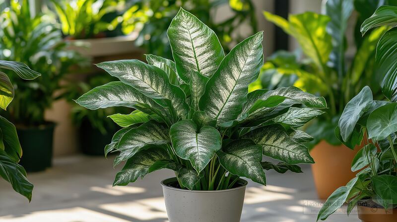 Lush Dieffenbachia Surrounded by Tropical Plants in Garden