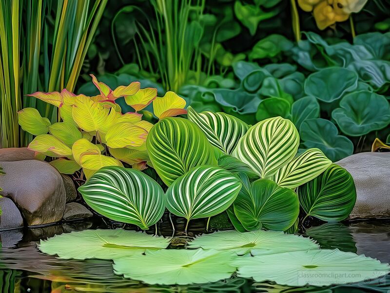 Lush Wetland With Calathea and Water Lily Plants