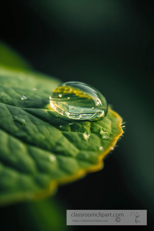 Macro shot of a water pellet perfectly perched on a green leaf