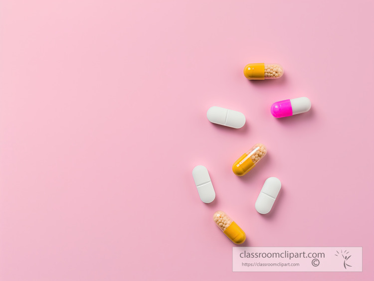 medical tablets and capsules on a pink background