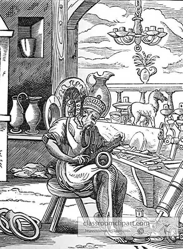 medieval coppersmith workinng with his tools illustration