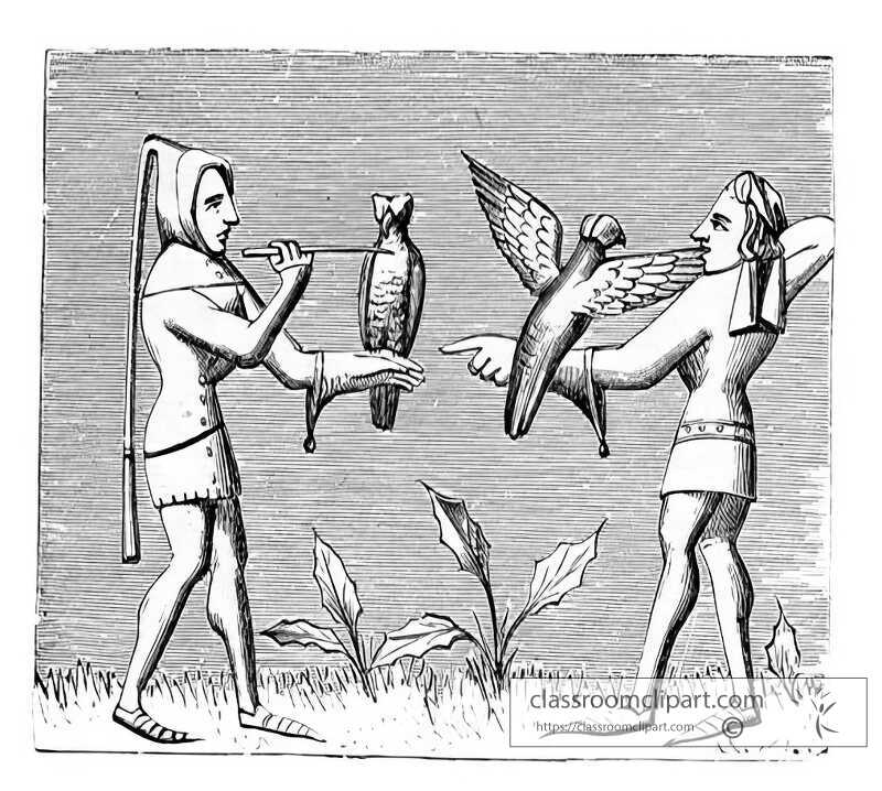 medieval falconers dressing their birds illustration
