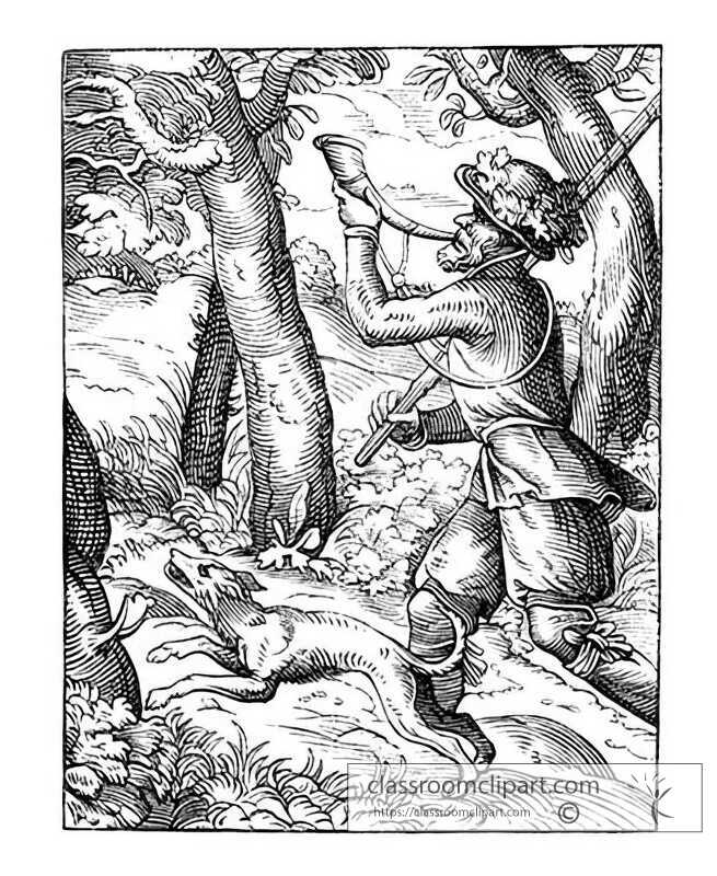 medieval german sportsman with a bugle illustration