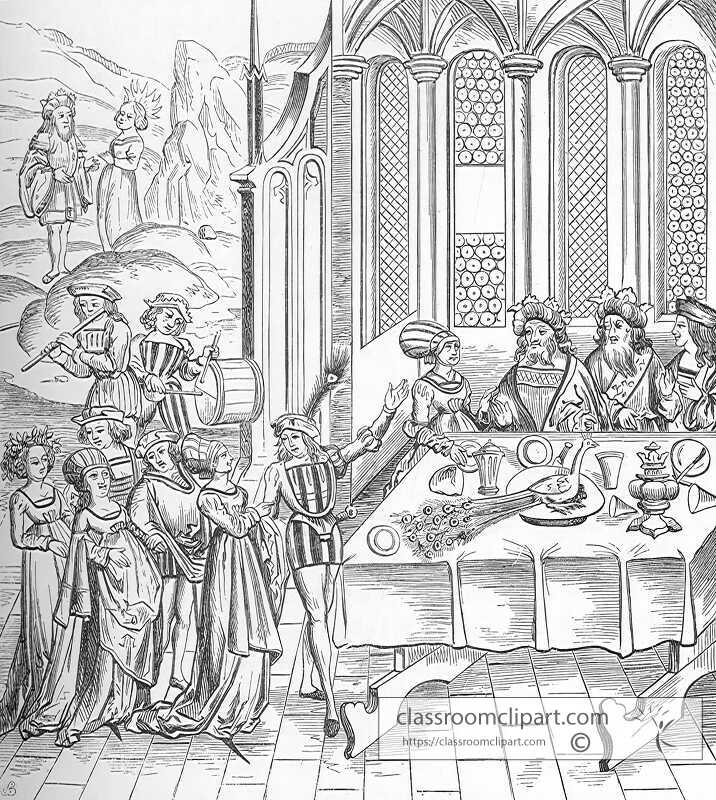 medieval state banquet table setting illustration