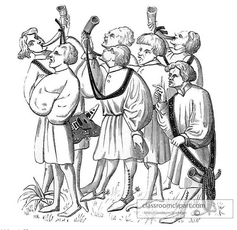 men in the medieval times blow horns illustration