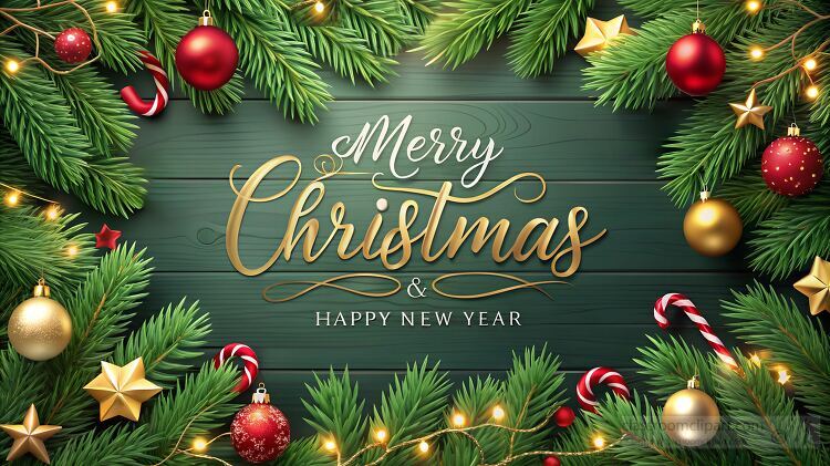 Merry Christmas in gold text message on wood background