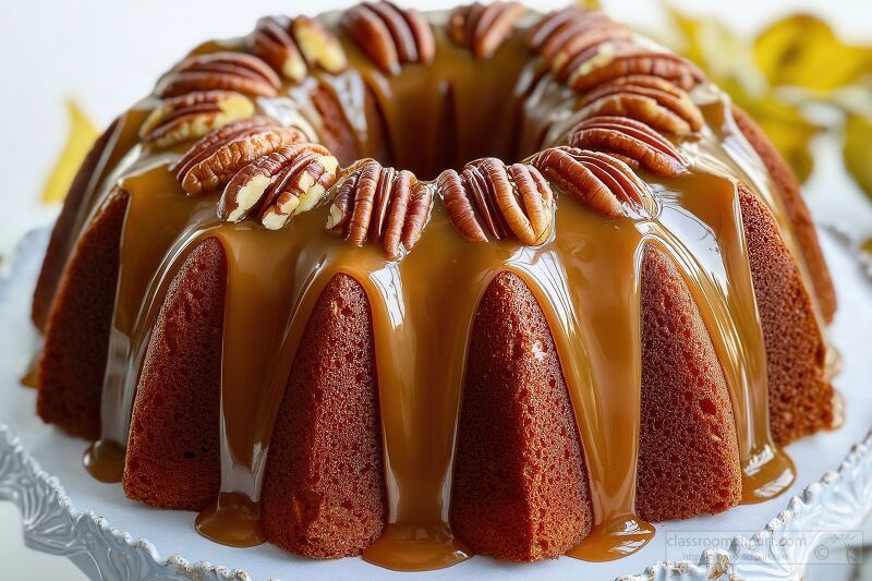 Moist Bundt Cake With Caramel Glaze and Pecans