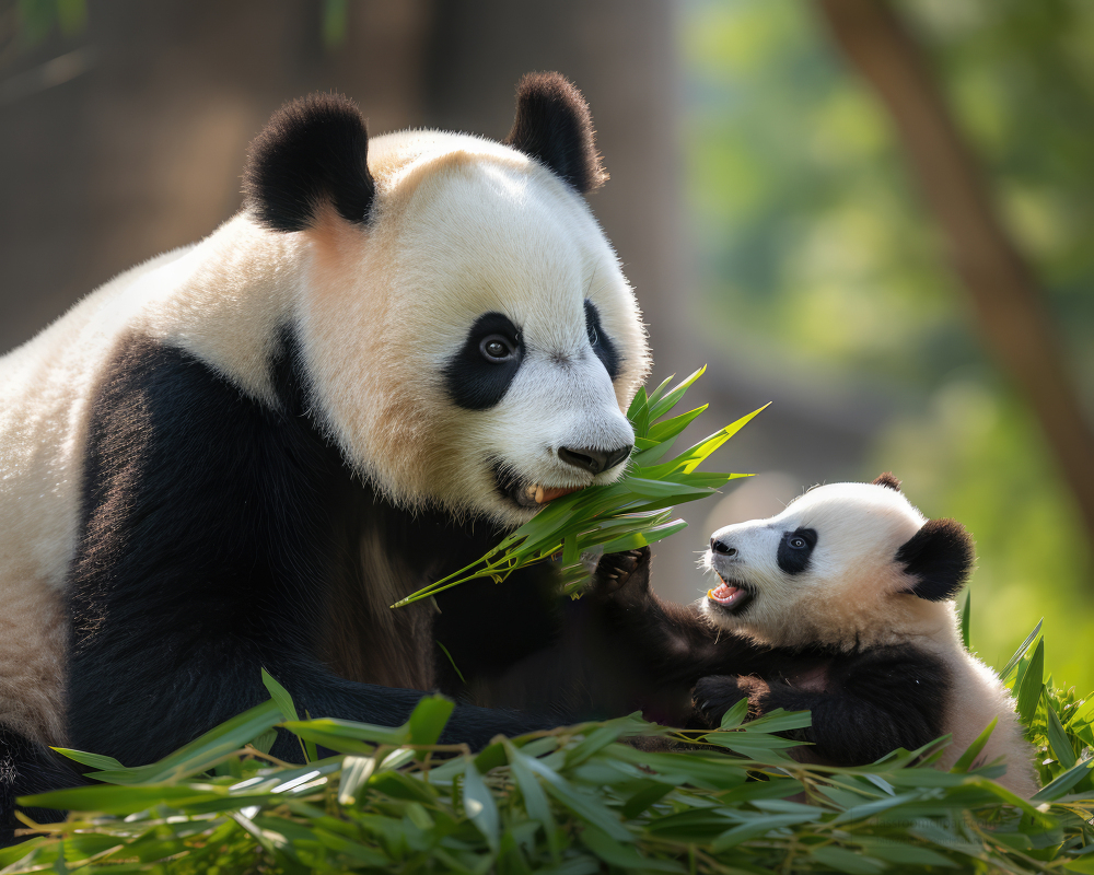 mother panda with her cub eating bamboo plants