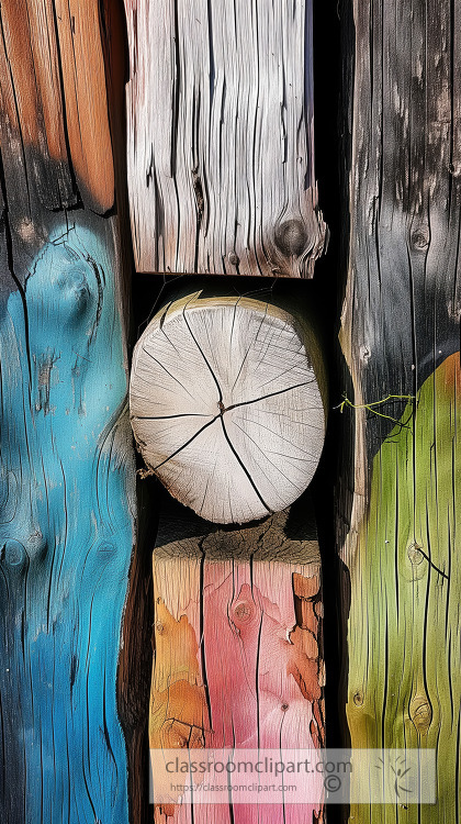 Multicolored wooden planks arranged in a creative wall pattern