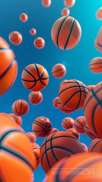 Multiple basketballs floating in the air