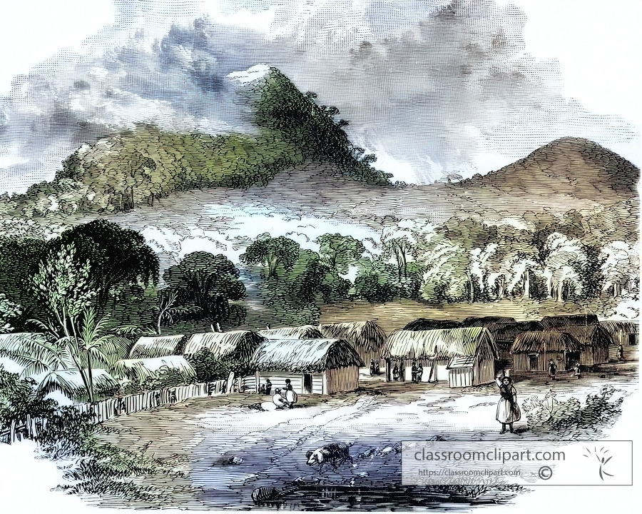 native village on the isthmus historical colorized illustration