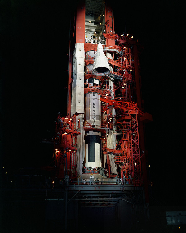 Nighttime scene showing the Gemini 4 spacecraft