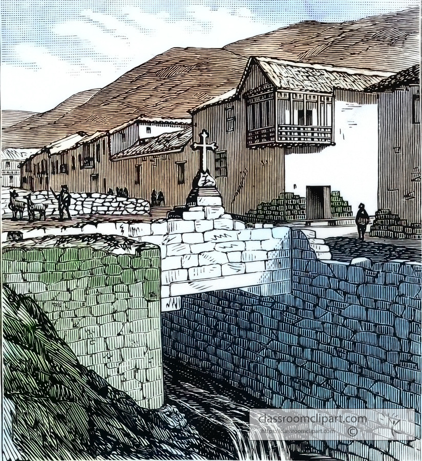old bridge at cuzco historical colorized illustration
