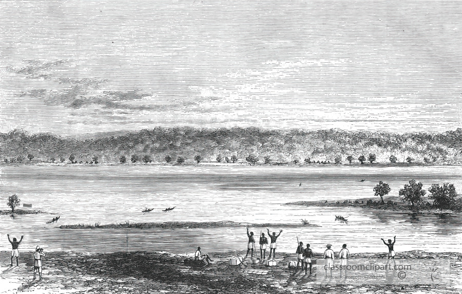 on the shore of the lake historical illustration africa
