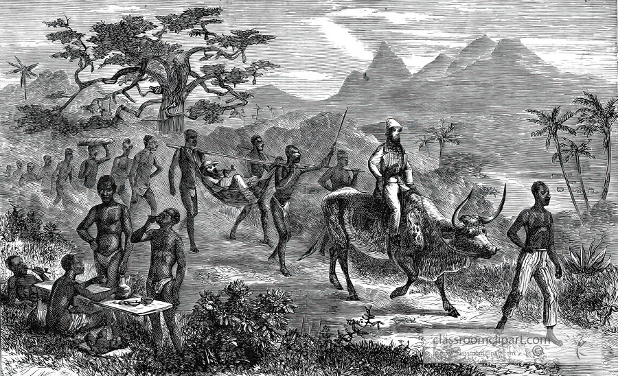 ox and hammock train historical illustration africa