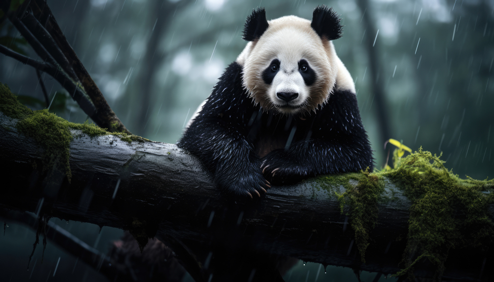 panda caught in a rain storm