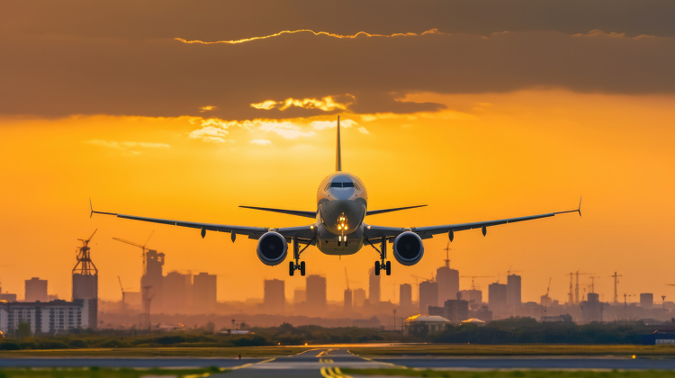 airplane take off in sunrise