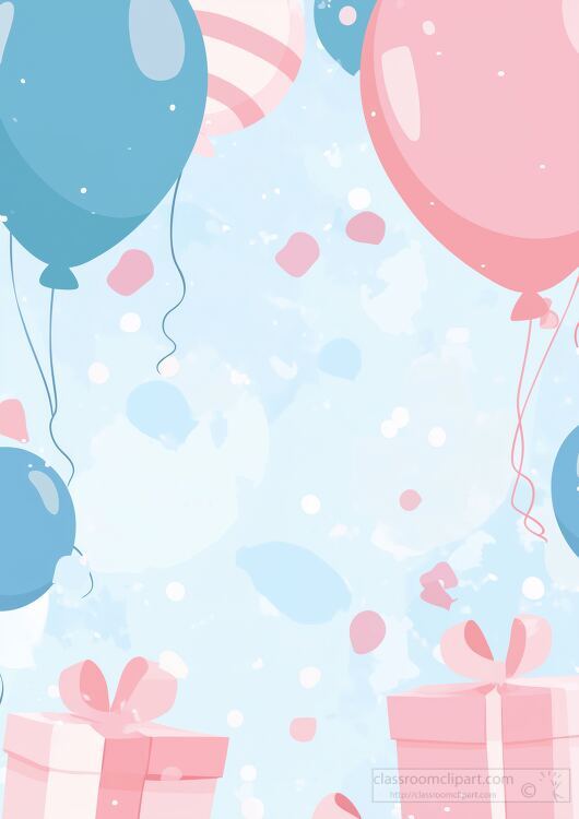 Pastel colored balloons and presents float against a light background with confetti graphic image