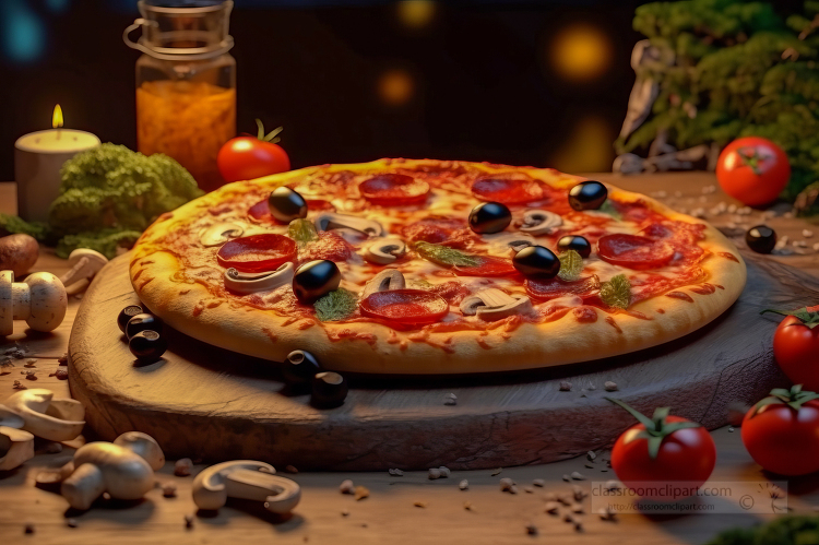 pepperoni and black olive pizza sitting on top of a table surrou