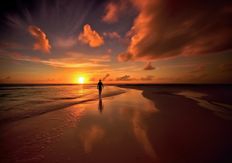 person walking along beach with bright orange sunset sky copy